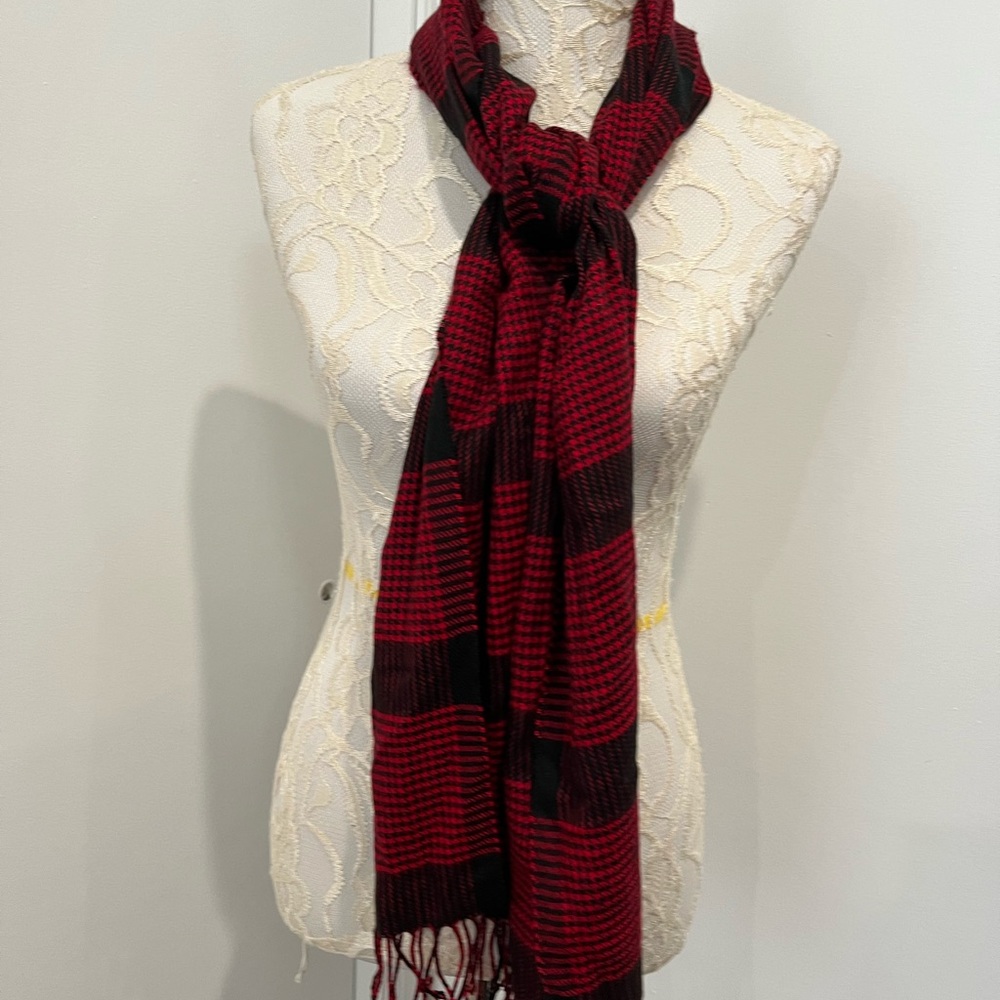 Pashmina Red Cashmere & Silk Blend Houndstooth‎ Scarf